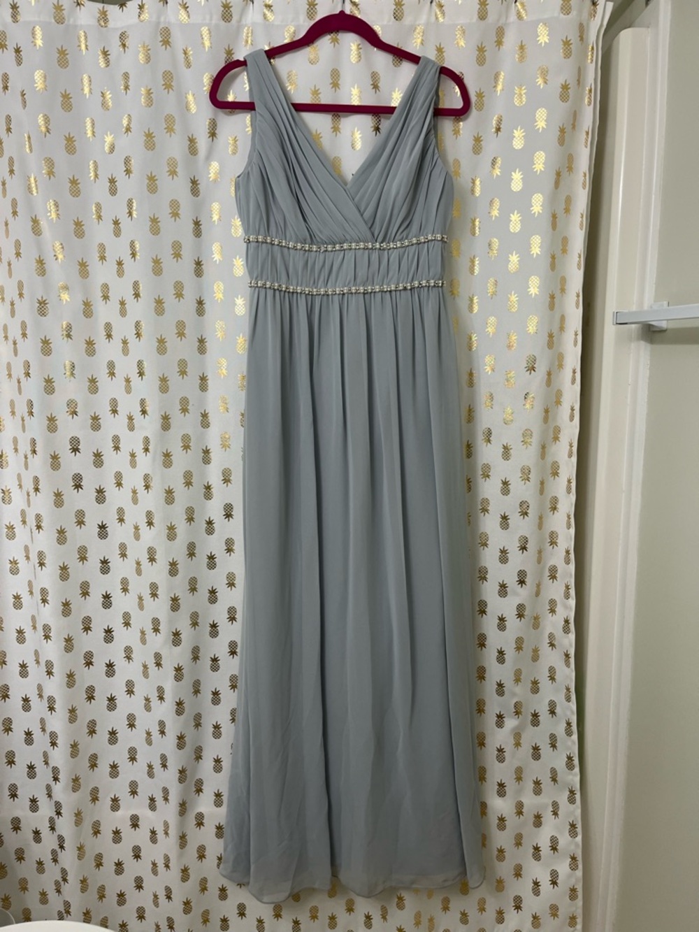 Jenny Packham Light Gray Chiffon V-Neck Maxi Dress with Beaded Waist